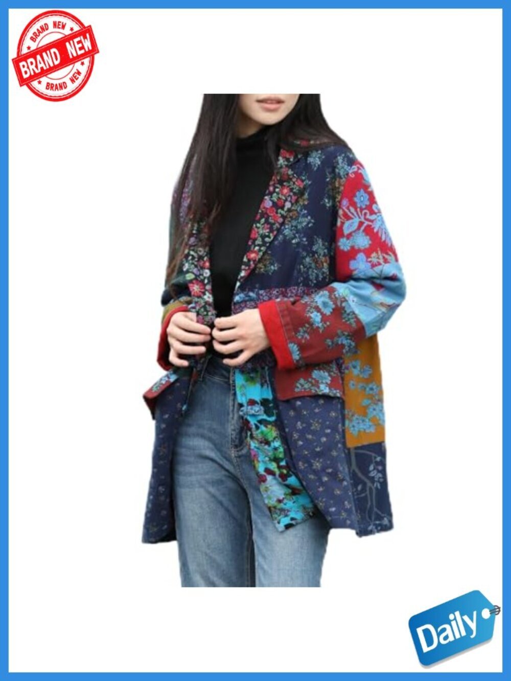Casual Open Front Long Sleeve Floral Patchwork Blazer Jacket with Pockets
